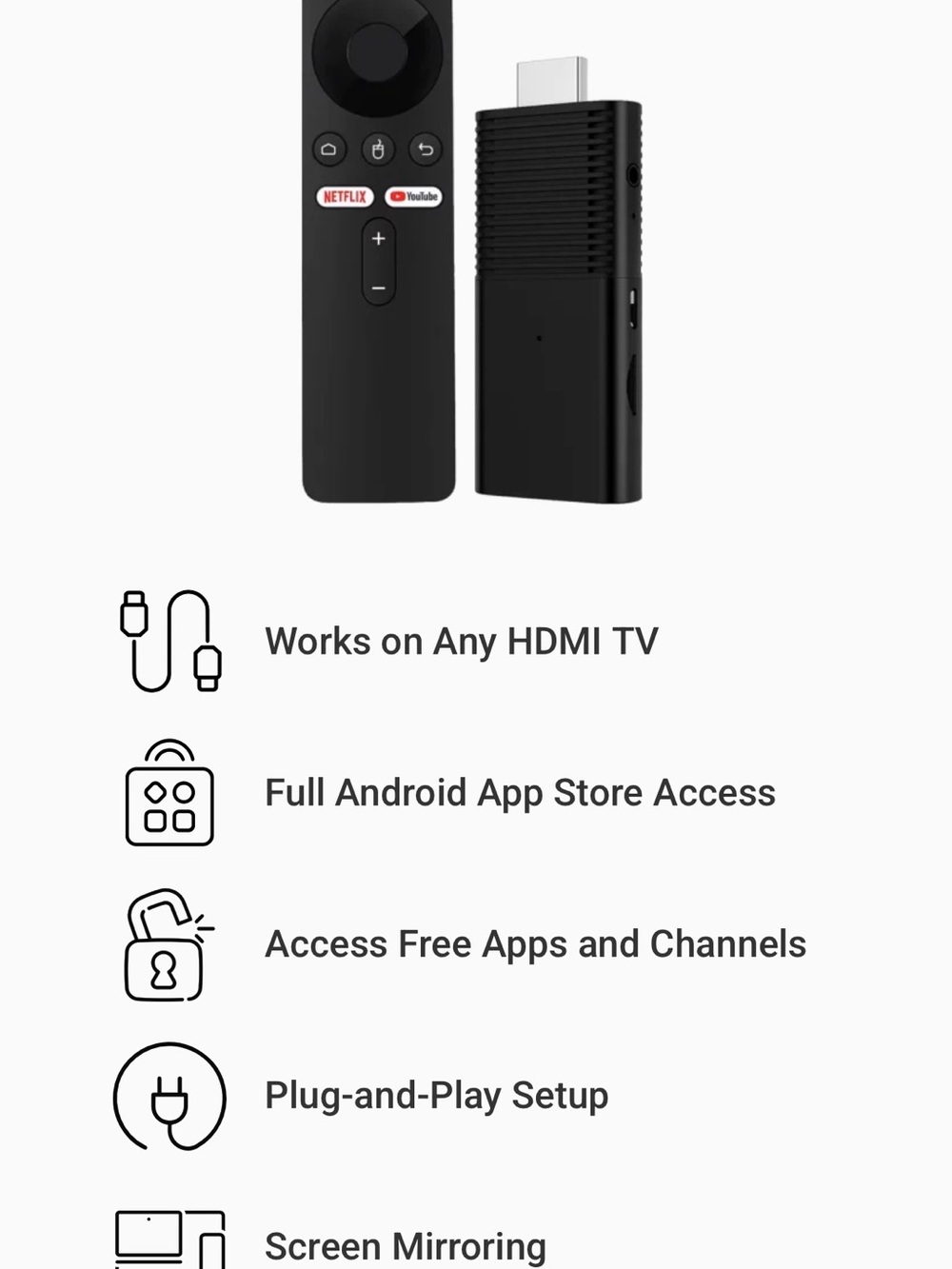 Black HDMI Android TV Streaming Stick with Remote